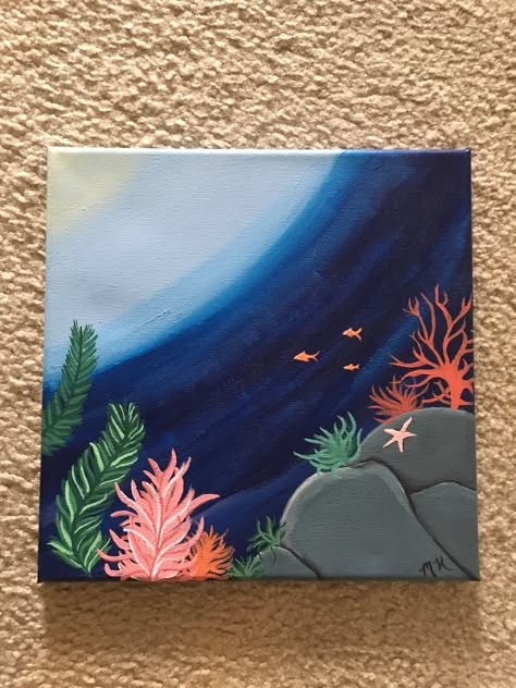 Paint Ocean Easy, Painting Ideas Easy Simple Ocean, Cute Acrylic Paintings Simple, Ocean Life Drawings Easy, Canvas Art Ideas Easy Acrylic Paintings, Ocean Theme Paintings Canvases, Under The Sea Canvas Painting, Ocean Simple Painting, Under Sea Painting Acrylic