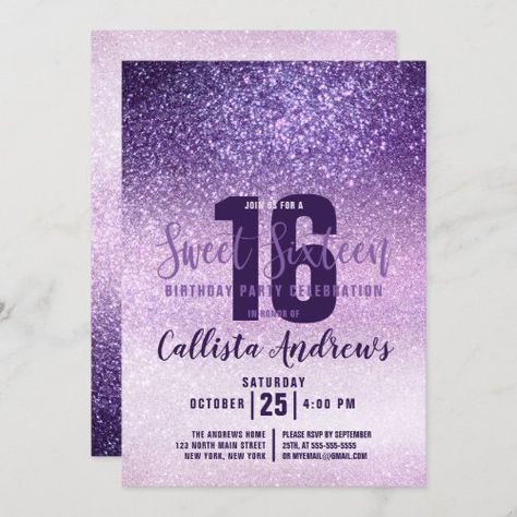 Violet Lilac Purple Triple Glitter Ombre Sweet 16 for $2.95 - Birthday Invitations 16th Birthday Invitations, Animated Invitations, Sweet 16 Birthday Party, Sweet Sixteen Birthday, Birthday Party Celebration, Sweet 16 Invitations, Quinceanera Invitations, Sweet 16 Parties, 16th Birthday Party