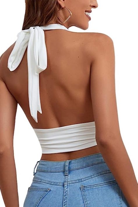 Woman modeling white halter top with a tied bow around her neck Backless Halter Top, White Floral Top, Halter Tank Top, Backless Top, Easy Trendy Outfits, Halter Neck Top, Cami Crop Top, Crochet Crop Top, White Sleeveless