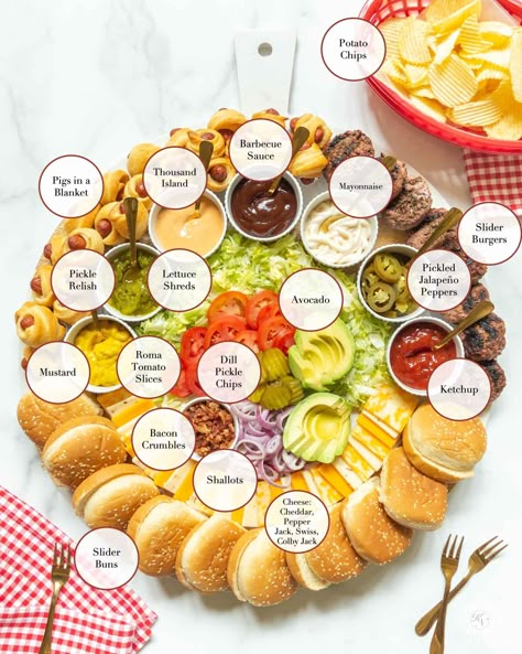 A New Charcuterie Board Concept for Your Next Cookout -- Build Your Own (Slider) Burger Bar! Burger Platter Ideas, Burger Board Design, Good Platter Ideas, Burger Charcuterie Board Ideas, Hamburger Board Ideas, Build Your Burger Bar Party Ideas, Hamburger Charcuterie Board Ideas, Hamburger Platter Ideas, Birthday Burger Bar