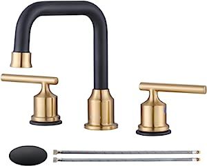 2023 Powder Room, Small Bathroom Update, Office Bathroom Design, Gold Bathroom Faucet, Black And Gold Bathroom, Powder Room Remodel, Gold Faucet, Spout Design, Copper Fixture