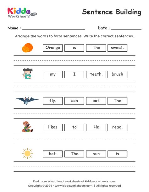 In this free printable Sentence Building worksheet students have to arrange the words to form sentences and write the correct sentences. Mixed Up Sentences For First Grade, Constructing Sentences Worksheets, Write Sentences Worksheets, Re Arrange The Sentences Worksheet, Sentence Building Worksheets For Grade 2, Sentence Making Worksheets, Sentence Formation Worksheets, Scrambled Sentences Worksheet, English Sentence Structure