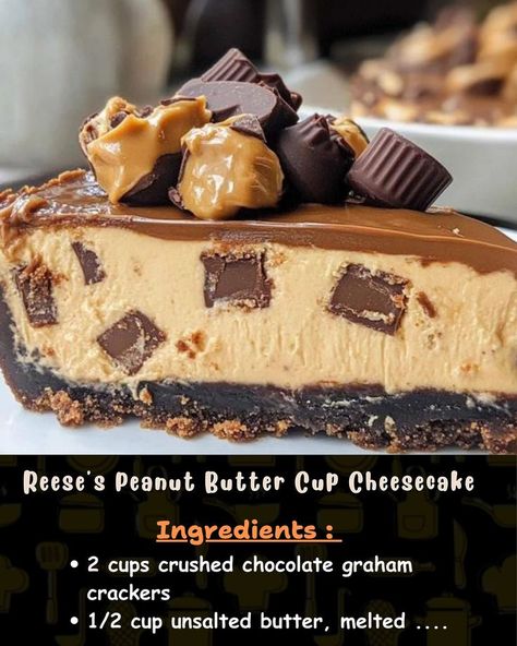 Ingredients: 2 cups crushed chocolate graham crackers 1/2 cup unsalted butter, melted 3 (8 oz) packages cream cheese, softened... Reese's Peanut Butter Cheesecake, Cup Cheesecake, Peanut Butter Cup Cheesecake, Rustic Recipes, Grandma's Recipes, The Kitchen Recipes, Chocolate Graham Crackers, Best Cheesecake, Peanut Butter Cheesecake