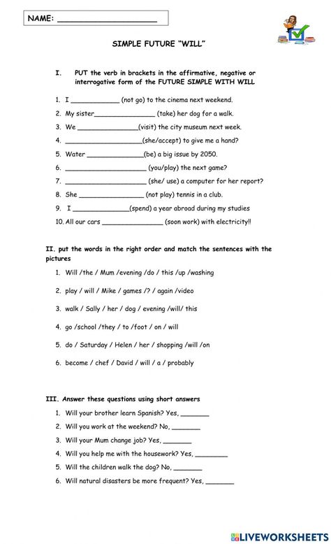 Simple Future Tense Worksheets, Future Simple Worksheet, English Excercise, Simple Future Tense, Esl Teaching Resources, Future Tense, Grammar Exercises, English Exercises, Fun Questions