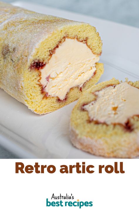 No need to decide between ice-cream or cake for dessert. Whip up this amazing Arctic Roll and you’ll be covering all your bases as well as impressing your guests. Ice Cream Roll Cake, Arctic Roll Cake, Cream Roll Cake, Retro Dinner Party, Arctic Roll, Short Pastry, Retro Dinner, Cream Roll, Back To The 50s