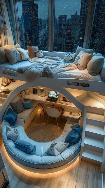 Cute House Ideas Interior, Luxury Dorm Room Interior Design, Dream Room Design, Aesthetic Bunk Bed Rooms, Unique Bedroom Design Awesome, Awesome Bedrooms Dream Rooms, House Design Interior Bedrooms, Room Organization Bedroom Ideas, Cute Room Ideas For Small Rooms Bedrooms