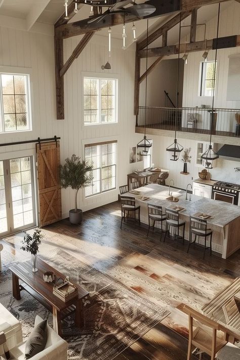 25 Barndominium Ideas - Remodr Rustic House Modern, Farmhouse With Large Windows, Living Room Designs Open Space, Old Farmhouse Barndominium, Rustic Farmhouse Interior Ideas, Barndominium Kitchen Design, Dream House In The Country, Barndominium Ideas Exterior Wrap Around Porch, Barndominium Ideas Big Windows