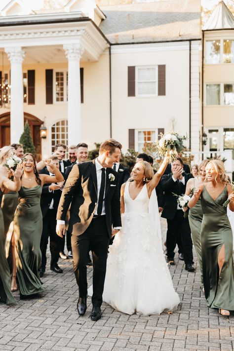 Green Bridesmaid Dress And Groomsmen, Dark Green Bridesmaid And Groomsmen, Black Green Gold Wedding Bridesmaid Dresses, Wedding Olive Green Color Schemes, Bridal Party Olive Green, Black Tux Green Bridesmaids, Bridesmaid Dresses Groomsmen Suits, Deep Olive Green Bridesmaid Dresses, Black Bridal Party Color Schemes