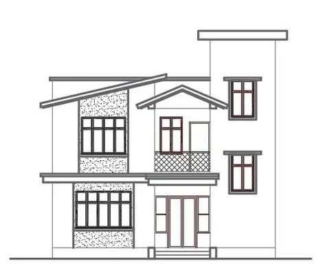 Modern house elevation 2d cad drawing details. A front elevation with detail of long glass windows and front balcony design looks amazing. Download the free AutoCAD drawing file. House Elevation Sketch, Elevation Designs For House Drawing, Front Elevation Drawing, Elevation Design Drawing, Simple House Sketch, Modern House Drawing, Small House Drawing, Simple Elevation, Front Elevation Designs Modern