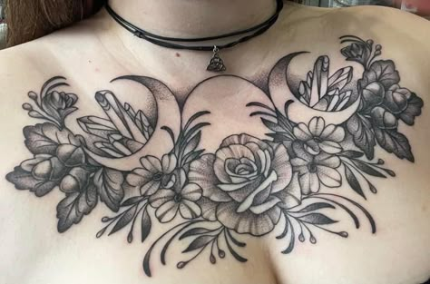 Women Shoulder Chest Tattoo, Female Upper Chest Tattoo, Flower Tattoos Chest Women, Women Front Neck Tattoo Ideas, Gothic Chest Piece Tattoo, Large Witchy Tattoos, Alternative Chest Tattoo, Chest Tattoo Female Plus Size, Galaxy Chest Tattoo Female