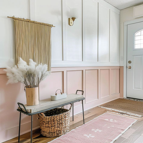 16 Impressive Board and Batten Wall Ideas Pink Batten Board, Board And Batten Ceiling, Pink Board And Batten, Batten Ceiling, Board And Batten Wall Ideas, Batten Wall Ideas, Batten Walls, Cream Color Scheme, Batten Wall