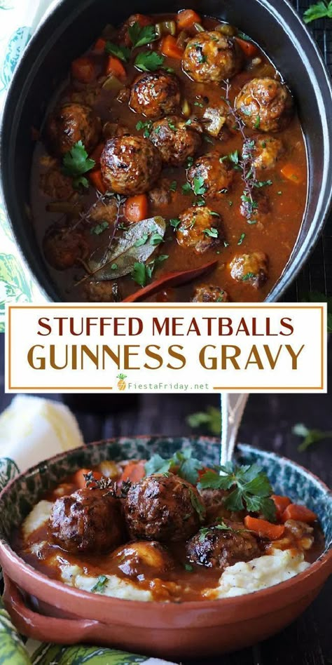 Stuffed Meatballs in Guinness Gravy! Served on Colcannon! It's not right to serve this just once a year on St. Patrick's Day! I’m so transparently not excited about this.😄 #meatballs #stuffed meatballs #guinness #beer #blondeguinness #stpatricksday #dublinercheese #cheese Stuffed Meatball Recipes, Guinness Gravy, Gravy Meatballs, Chinese Beef Recipes, Bean And Cheese Burrito, Cheese Burrito, Meatball Stew, Cottage Recipes, Easy Casserole Dishes