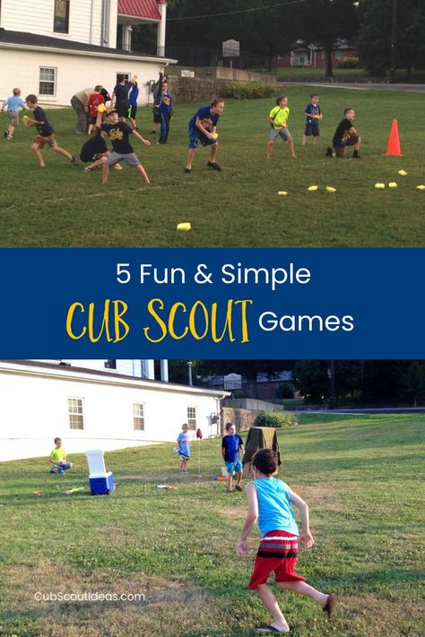 These 5 outdoor games for Cub Scouts are fun and simple! They don't require much equipment. They're great easy activities for den or pack meetings. #CubScouts #CubScout #Scouting #Webelos #ArrowOfLight #KidsActivities #KidsOutdoorActivities Cub Scout Easter Activities, Outdoor Scout Activities, Pack Meeting Activities, Paws For Action Bear Scouts, Cub Scout Camping Activities, Scout Games Outdoor, Cub Scout Pack Meeting Ideas, Lion Cub Scout Activities, Lion Scouts