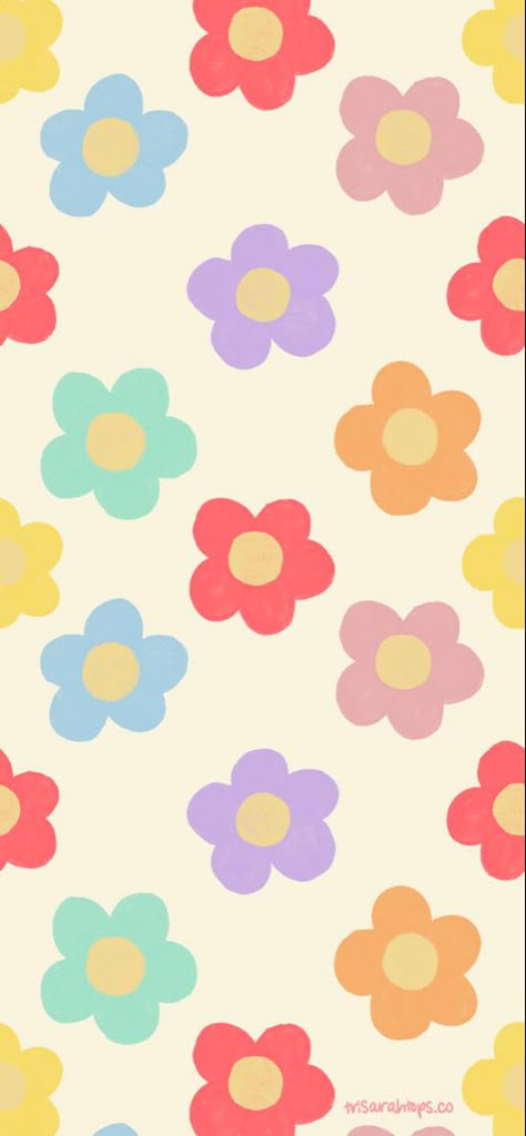 Red flowers, purple flowers, pink flowers, orange flowers, yellow flowers, green flowers, repeating flower pattern, digital wallpaper Cute Cartoon Flower Wallpaper, Retro Daisy Wallpaper Iphone, Preppy Flower Drawing, Cute Flower Drawing Simple, Aesthetic Daisy Drawing, Flower Background Cartoon, Cartoon Flower Pattern, Simple Flower Pattern Painting, Spring Flower Drawing Easy