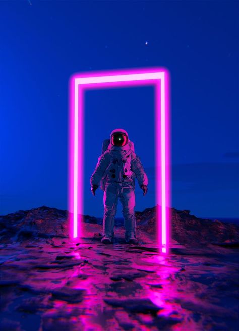 Astronaut travels through pink neon portal on a planet. Space Themed Poster, Neon Space Aesthetic, Cyberpunk Office, Neon Astronaut, Futuristic Astronaut, Space Portal, Cyberpunk Theme, Portal Logo, Neon Space