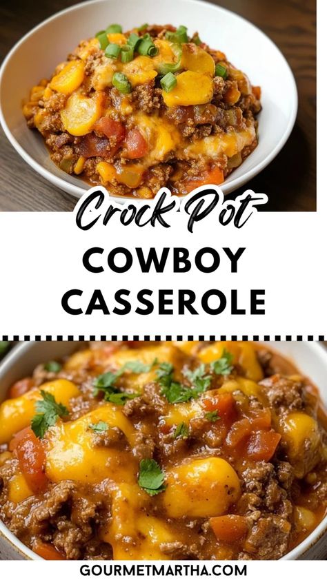 Crock Pot Cowboy Casserole Recipe - Easy Slow Cooker Comfort Food Crockpot Cowboy Casserole, Bacon Beans, Cowboy Casserole Recipe, Ground Beef Crockpot Recipes, Ground Beef Potatoes, Cowboy Casserole, Beef Potatoes, Creamy Potatoes, Beef Bacon