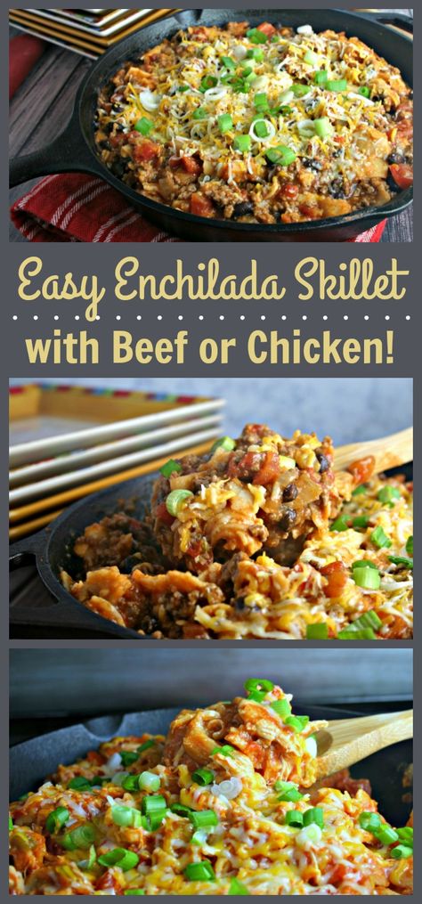 You'll love this versatile enchilada skillet recipe that can be made with chicken or beef! Enchilada Skillet Recipe, Mexican Dinners, Enchilada Skillet, Chicken Enchilada Skillet, Easy Beef Enchiladas, Ground Beef Enchiladas, Potluck Ideas, Easy Enchiladas, Skillet Recipes