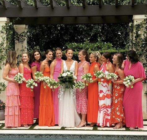 Bridesmaid Color Combinations, Bright Mixed Bridesmaid Dresses, Vibrant Bridal Party, Bright Color Wedding Bridesmaids, Mismatched Bridesmaid Dresses Pink And Orange, Bright Bold Bridesmaid Dresses, Bright Wedding Bridesmaid Dresses, Bright Pink And Orange Bridesmaid Dresses, Pink Orange Purple Bridesmaids