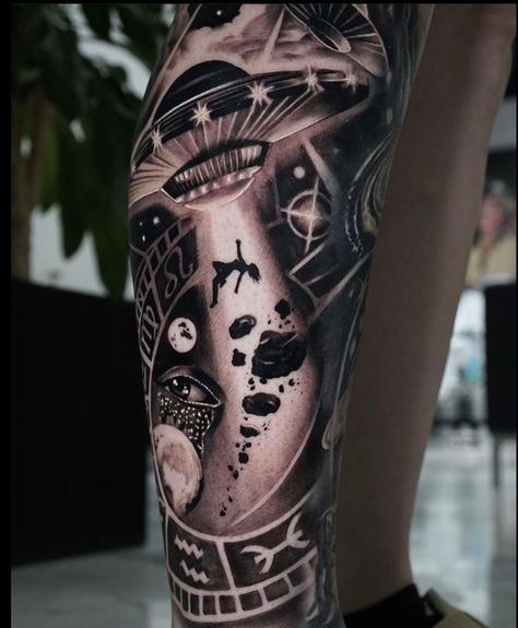 Alien Tattoo Sleeve For Men, Neotraditional Space Tattoo, Time Is An Illusion Tattoo, Alien Sleeve Tattoo, Space Tattoo Sleeve For Women, Negative Space Tattoo Design, Alien Tattoo Sleeve, Extraterrestrial Tattoos, Outer Space Tattoo