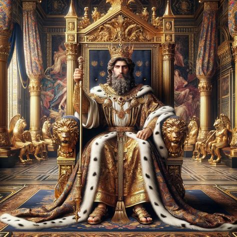 A majestic portrayal of King David sitting on a grand throne in a royal court. Adorned in regal robes and a crown, holding a scepter. The throne room is richly decorated with intricate tapestries and golden accents, reflecting the splendor of his kingship. David's expression is wise and confident. King Sitting On A Throne Reference, Kings Throne Chair, King Painting Art, Sitting On Throne Pose Drawing, King Sitting On Throne Pose, King In Throne, King Sitting On Throne, King On A Throne, Royal Throne Room