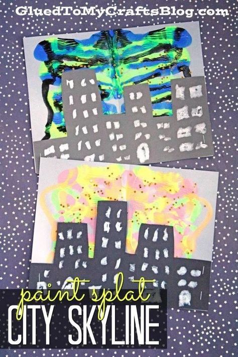 Paint Splat City Skyline Silhouette - Kid Craft - Glued To My Crafts Hollywood Crafts, Summer Craft Ideas For Kids, Superhero Week, Multicultural Night, Paper Crafts For School, Disney Activities, City Skyline Silhouette, Building Crafts, Superhero Crafts