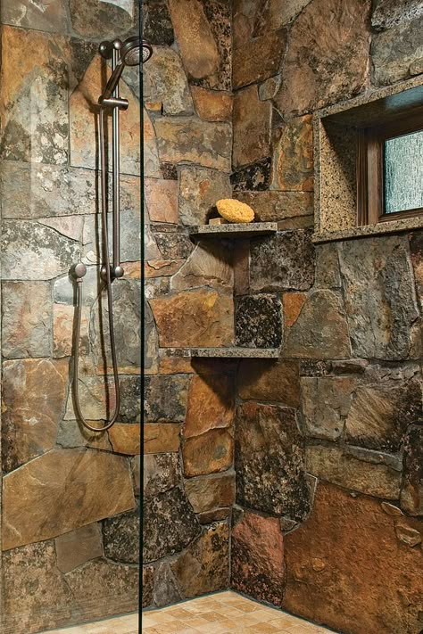 Cabin Shower Ideas, Rustic Shower Ideas, Stone Shower Walls, Rustic Bathroom Shower, Tuscan Bathroom, Montana Cabin, Stone Cabin, Metal Building Designs, Rustic Bath