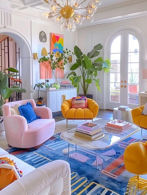 White Walls Bright Decor, White Furniture Colorful Accents, Maximalist Living Room White Walls, White And Colorful Living Room, Colour Pop Interior Design, Bright And Colorful Living Room, Modern Pop Living Room, Bold Color Home Decor, Bright Funky Living Room