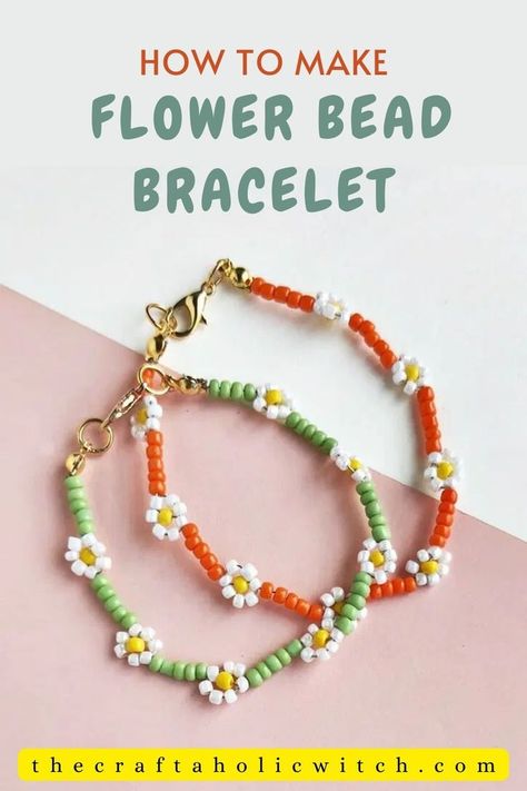 How to Make a Beaded Daisy Chain Bracelet How To Make Simple Beaded Bracelets, Daisy Bracelet Beaded, Diy Daisy Chain Bracelet, Diy Seed Bead Flower Bracelet, How To Make Flower Bracelets With Beads, Diy Beaded Daisy Bracelet, Beaded Bracelets Flower Tutorial, Bracelet Patterns Beads Easy, Diy Flower Bracelet With Beads