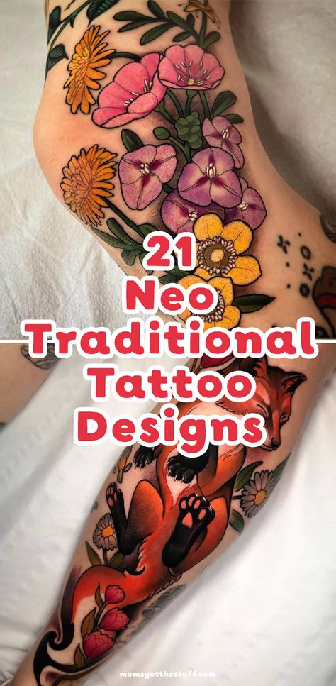 Get inspired with the latest neo-traditional tattoo designs. Get your unique look with one of these 20 designs. There are flower tattoos, fox tattoos, and so much more. Neo Style Tattoo, Neotraditional Flower Tattoo Sleeve, Neo Trad Flowers Tattoo, Neo Traditional Fox Tattoo Design, Unique Neo Traditional Tattoo, Tattoo Sleeve Neo Traditional, Neo Traditional Hand Tattoos For Women, Neo Traditional Flowers Tattoo, Neo Traditional Tattoos For Women