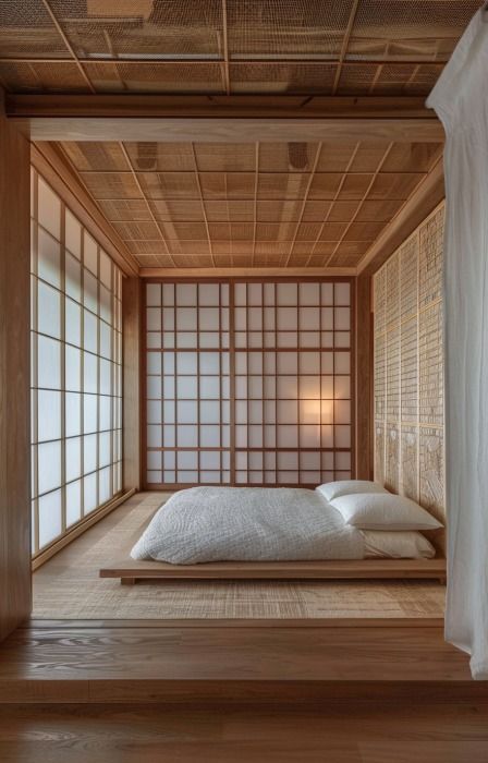 Lit style japonais : ces modèles pour une chambre japonisante Basement Bedroom Interior Design, Japanese Headboard, Japan Style Bedroom, Japanese Beds, Traditional Japanese Bedroom, Bedroom Japanese Style, Japanese Winter Fashion, Japanese Bedroom Design, Japanese Inspired Bedroom