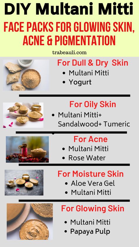 mutani mitti face packs for glowing skin Skin Care With Multani Mitti, Diy Face Pack For Glowing Skin, How To Apply Multani Mitti, Natural Face Packs Homemade, Fuller Earth Face Pack, Rice Powder Face Pack For Glowing Skin, Body Pack For Glowing Skin, Face Pack For Acne Homemade, Multani Mitti Hair Masks