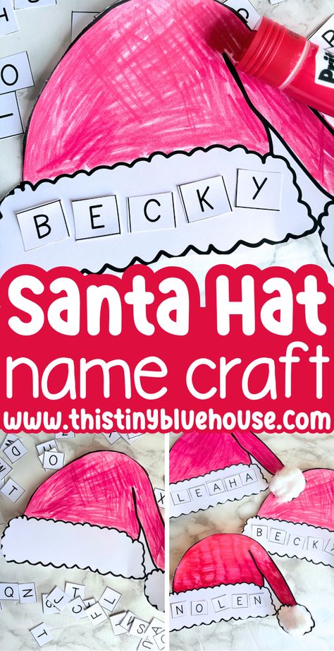 This quick and easy Christmas craft is a great choice for kids in preschool and kindergarten. Our free printable Santa hat name craft is a fun and festive choice for crafting at home or in the classroom.  Kids practice spelling their name, fine motor skills and much more while they make their own Santa name craft!  Cute and easy, this adorable holiday Christmas craft is one of our most popular preschool holiday crafts to date!  Head to our blog to get your free template! Easy Christmas Craft Toddler, Easy Christmas Kindergarten Crafts, Winter Christmas Crafts For Kids, Easy Christmas Craft For Kindergarten, Christmas Ornament Preschool Craft, Christmas Art Activities For Preschool, Sped Christmas Crafts, Easy Santa Crafts Preschool, Santa Clause Craft For Toddlers