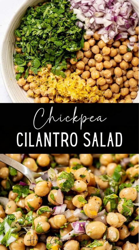 This chickpea cilantro salad is full of fresh ingredients and flavor. It’s a super simple salad to make too and makes a healthy lunch or perfect side dish. This easy vegan chickpea salad uses canned chickpeas (also known as garbanzo beans) which cuts down on the prep time immensely. If you want to cook your own, there are instructions further down for that too! The chickpeas are tossed with chopped onion, cilantro and lemon zest and it’s brought together with a simple lemon vinaigrette. Garbanzo Salad, Vegan Chickpea Salad, Garbanzo Bean Recipes, Garbanzo Beans Salad, Cilantro Salad, Vegan Chickpea, Simple Vinaigrette, Chickpea Salad Recipes, Simple Salad