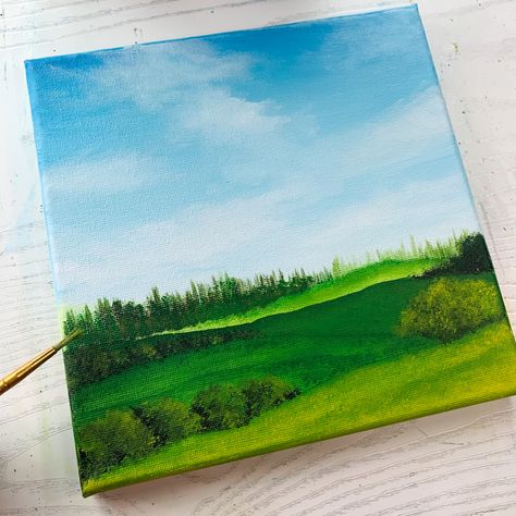 Blue Green Landscape Painting, Easy Green Paintings For Beginners, Meadow Painting Acrylic Easy, Blue Sky Landscape Painting, Blue Sky Painting Easy, Blue Sky Painting Acrylic, Simple Sky Painting, Acrylic Sky Painting, Blue Sky Watercolor