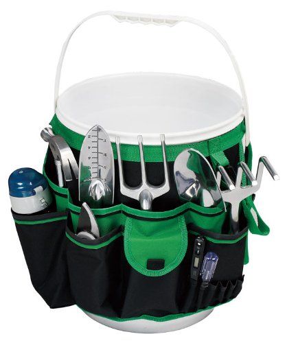 Apollo Precision Tools is an American company that produces high-quality, competitively priced hand and power tools designed with the home repair enthusiast in mind.  This bucket organizer is black with green or pink trim, and it’s designed to fit any standard 5-gallon bucket. It quickly and easily attaches to the exterior with an adjustable Velcro strap, and secures with a hook and loop.  It has a total of 34 pockets of various sizes on the exterior, from small, narrow pen holders to large expa Garden Tool Organizer, Bucket Garden, 5 Gallon Buckets, Garden Tool Organization, Bucket Gardening, Garden Tool Shed, Yard Tools, Garden Tool Storage, Garden Power Tools