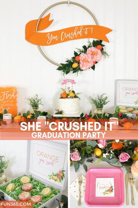 Celebrate your graduation with this fun citrus themed party. Find all the details and supplies to create the look at fun365.com. Citrus Graduation Party, Pink And Orange Graduation Party, Citrus Themed Party, Graduation Party Inspiration, Citrus Party, Girl Graduation Party, Citrus Theme, College Grad Party, Lemon Theme