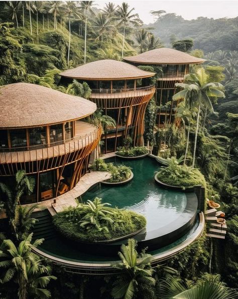 Bali Mountain Resort Architecture, Bali Architecture, Bali Style Home, Jungle Resort, Jungle House, Villain Aesthetic, Bali Resort, Villa Design Architecture, Bali House