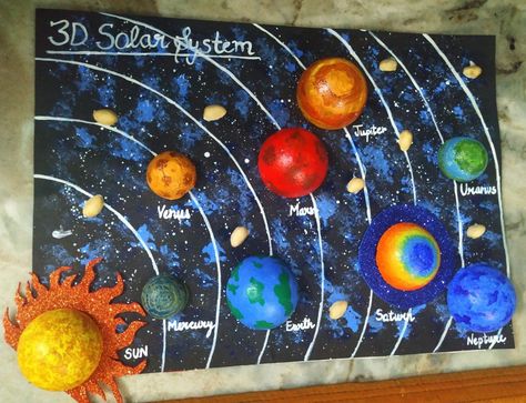 Building A Solar System Model, Solar System Board Ideas, 3 D Solar System Projects, Model On Solar System, Creative Solar System Project Ideas, Solar System Painting Acrylic, Planet Poster Project, Solar System Models, Solar System Poster Project