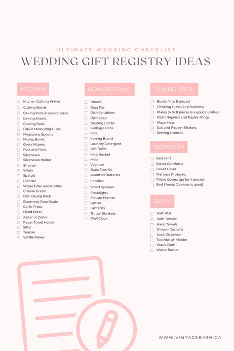 The Complete Wedding Gift Registry Checklist • VintageBash Wedding Gift Registry List, Wedding Gift List Ideas, Housewarming Registry, Wedding Party List, Ultimate Wedding Checklist, Wedding Registry Checklist, Church Wedding Dress, Awesome Party Ideas, Wedding Registry Ideas