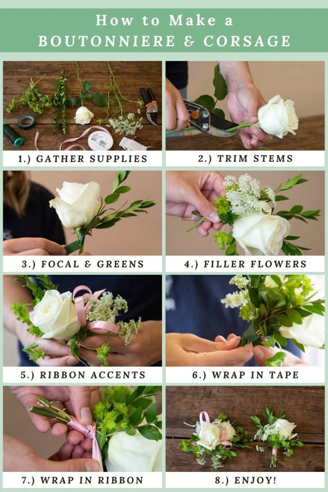 Diy Corsage Wristlet, Prom Corsage Diy, Make A Boutonniere, How To Make Corsages, Diy Boutonniere Wedding, Boutonniere Diy, Diy Wrist Corsage, Boutonniere And Corsage, Diy Flower Projects