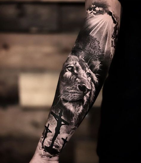 Jesus Tattoo Sleeve, Religious Tattoo Sleeves, Lion Forearm Tattoos, Tiger Tattoo Sleeve, Arm Sleeve Tattoos For Women, Heaven Tattoos, Lion Tattoo Sleeves, Mens Lion Tattoo, Christian Sleeve Tattoo