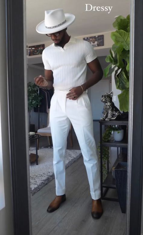 Men’s White Linen Trousers Outfit, Men's Cruise Outfits, Men All White Outfit Party, Official Outfit For Men, All White Outfit Men Street Styles, Black And White Outfit Ideas Men, All White Party Outfits Mens, Vacation Outfits Black Men, All White Outfit Men