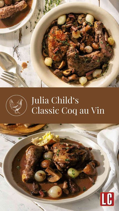 Coq au vin, aka chicken soused in wine, is a French classic that exists in countless incarnations. This rich, soulful riff is from Julia Child. Chicken Coq Au Vin Recipe, French Chicken Recipes, Coq Au Vin Recipe, French Cooking Recipes, The Art Of French Cooking, Julia Childs, Julia Child Recipes, Chicken Tonight, Classic French Dishes