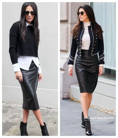 Black Faux Leather Pencil Skirt For Fall, Chic Faux Leather Pencil Skirt For Date Night, Chic Fitted Faux Leather Pencil Skirt, Spring Black Faux Leather Pencil Skirt, Date Night Faux Leather Pencil Skirt, Black Leather Pencil Skirt Outfit, Leather Pencil Skirt Outfit, Black Pencil Skirt Outfit, Faux Leather Pencil Skirt