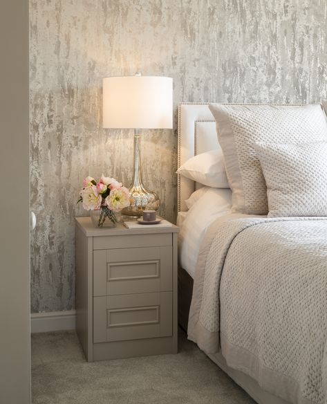 We LOVE the wallpaper in this master bedroom - looking for bedroom interior ideas? Take a look... Bedroom Wallpaper Accent Wall, Wallpaper Decor Bedroom, Wallpaper Walls Bedroom, Simple Bed Designs, Feature Wall Bedroom, Grey Interior Design, Dekorasi Kamar Tidur, Bedroom Accent, Accent Wall Bedroom