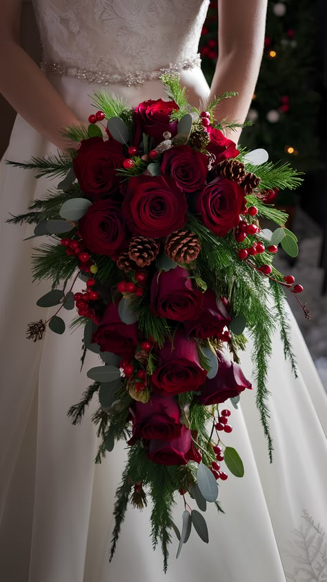 Stunning Cascading Red Rose Bouquet Christmas Cascade Bouquet, Bridal Bouquet Christmas Wedding, Red Cascade Bridal Bouquet, Red Rose And Eucalyptus Bouquet, Wedding Bouquets Waterfall, Christmas Bridal Bouquet Winter Bride, Winter Flowers For Wedding, Red Flower Wedding Bouquet, Red Green Wedding Theme