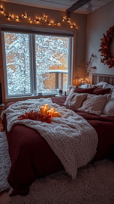 Winter Bedroom Ideas Cozy, Winter Theme Bedroom, Cozy Winter Bed, Cosy Warm Bedroom Aesthetic, Cozy Winter Bedroom Ideas, Cozy Bedroom Winter, Winter Room Aesthetic, Winter Bedroom Aesthetic, Winter Decor Bedroom