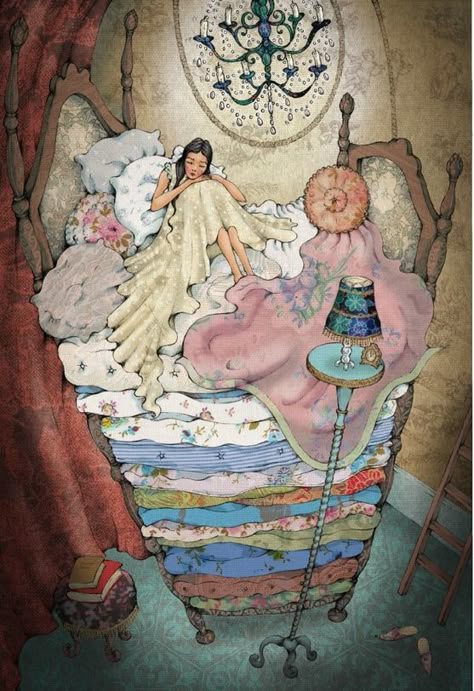 The Princess And The Pea, Princess Illustration, Princess Fairytale, Fairy Tale Illustration, Princess And The Pea, Fairytale Illustration, Scandinavian Folk Art, Fairytale Art, Art Collage Wall