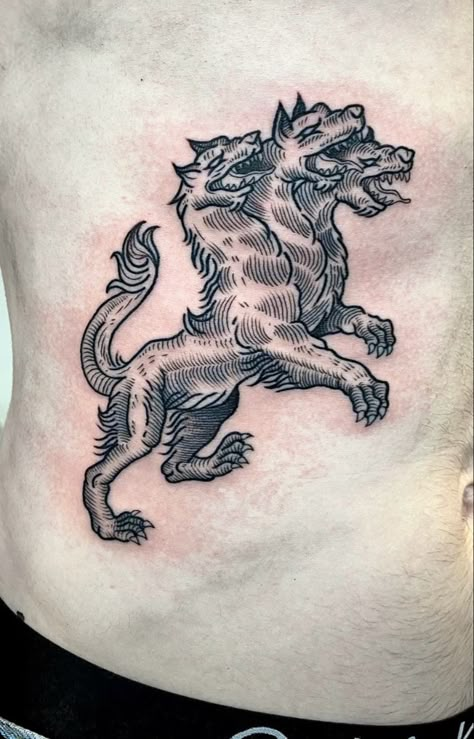 Cerberus Dog, Cerberus Tattoo, Ribs Tattoo, Woodcut Tattoo, Medieval Tattoo, Engraving Tattoo, Funky Tattoos, Greek Mythology Tattoos, Landscape Tattoo