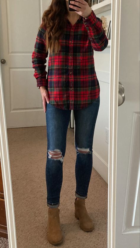 Red plaid flannel shirt, jeans, camel booties •fall outfit •red and blue flannel shirt •high-waisted distressed jeans •brown boots Red Flannel Christmas Outfit, Red Flannel Shirt Outfit Women, Red Flannel Outfit Aesthetic, Red Flannel Shirt Outfit, Plaid Shirt Outfit Fall, Red Plaid Shirt Outfit, Green Flannel Outfit, Red Flannel Outfit, Choir Outfits